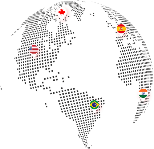 Dotted world globe with country flags showing SMSLocal's global reach